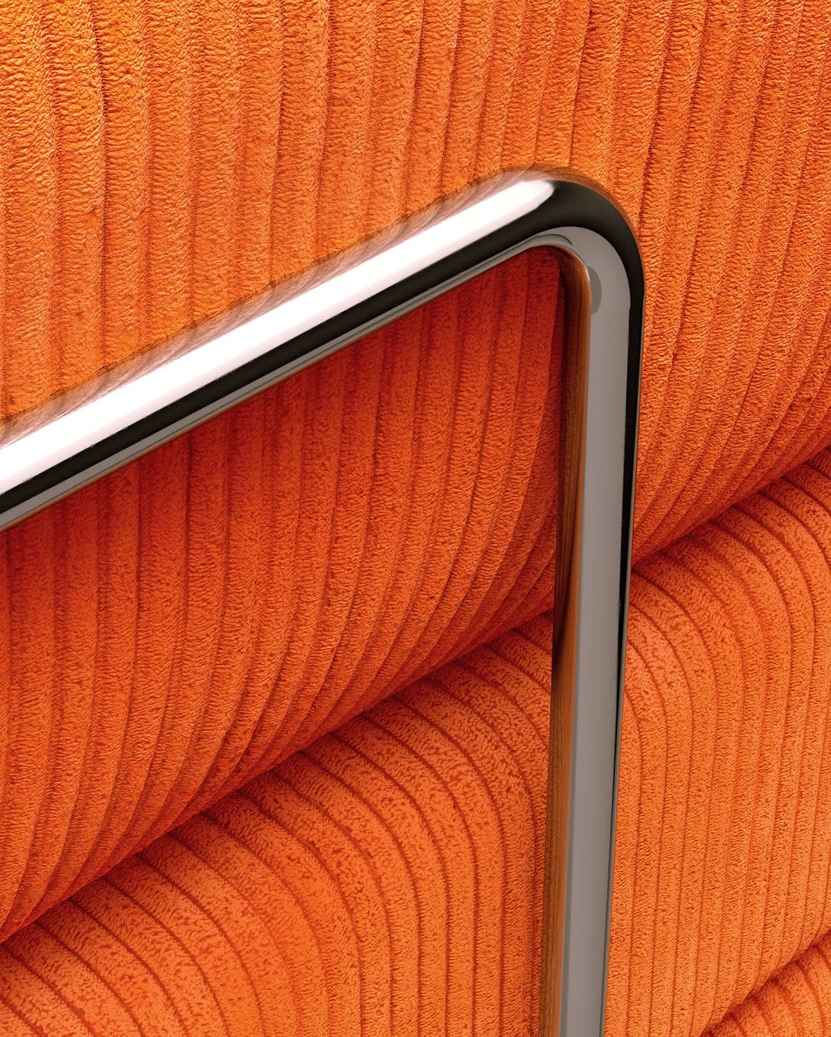 A TEDDY sofa in orange corduroy, close up on the chrome rail, with the dupe.com listing card over it