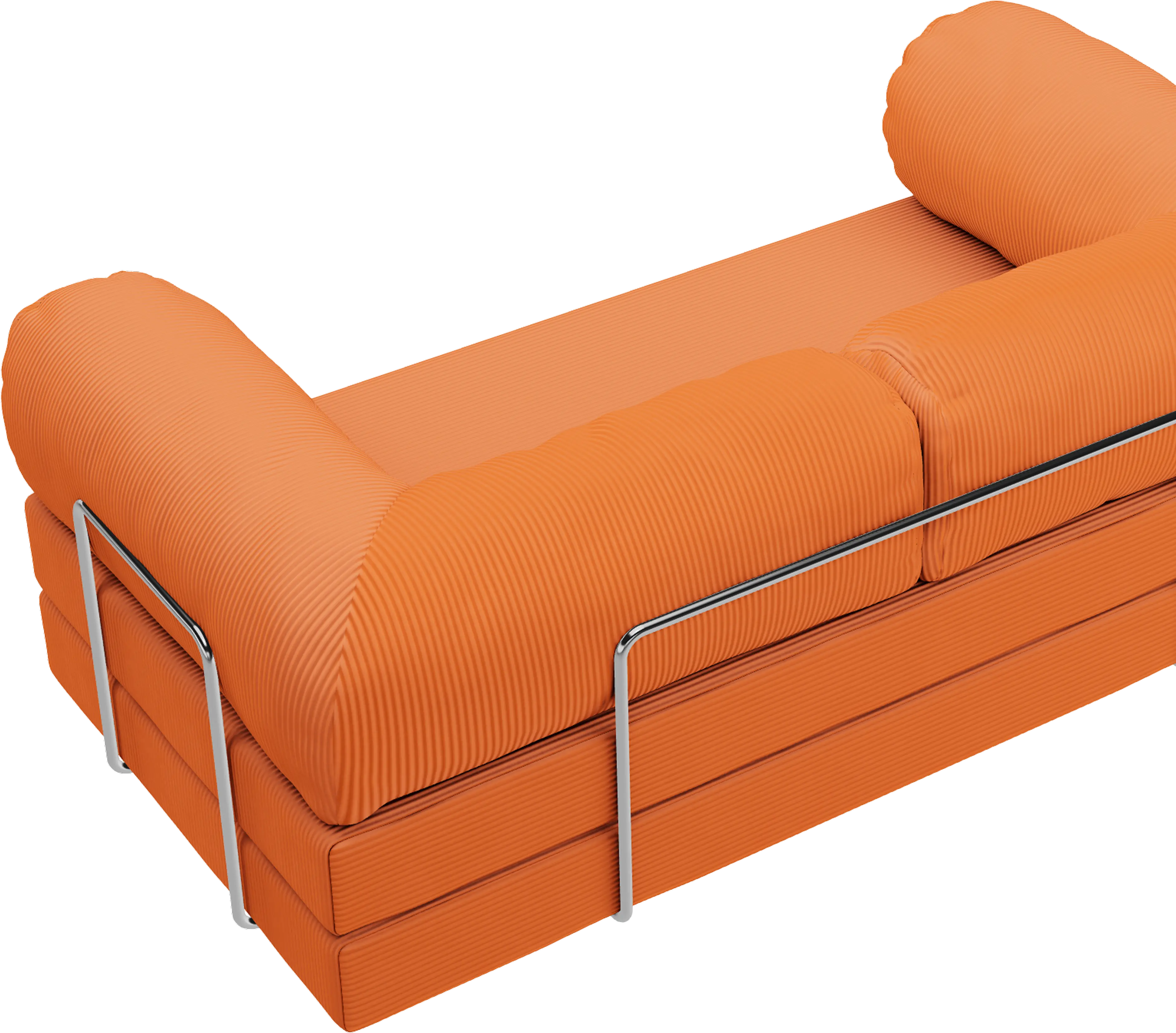 A TEDDY sofa in orange corduroy seen from behind, showing the chrome rail