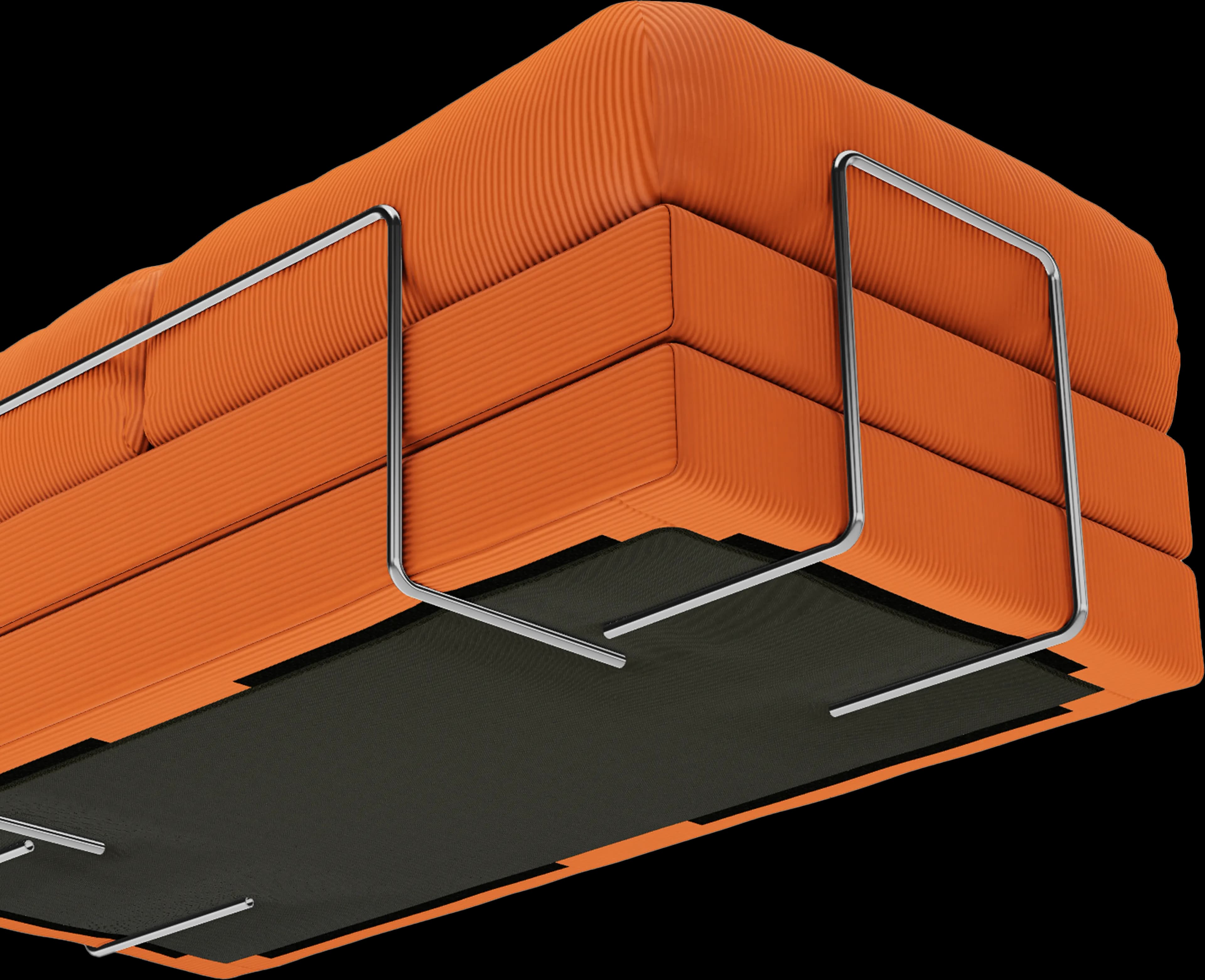 A TEDDY sofa in orange corduroy from a high angle, the black base visible beneath it