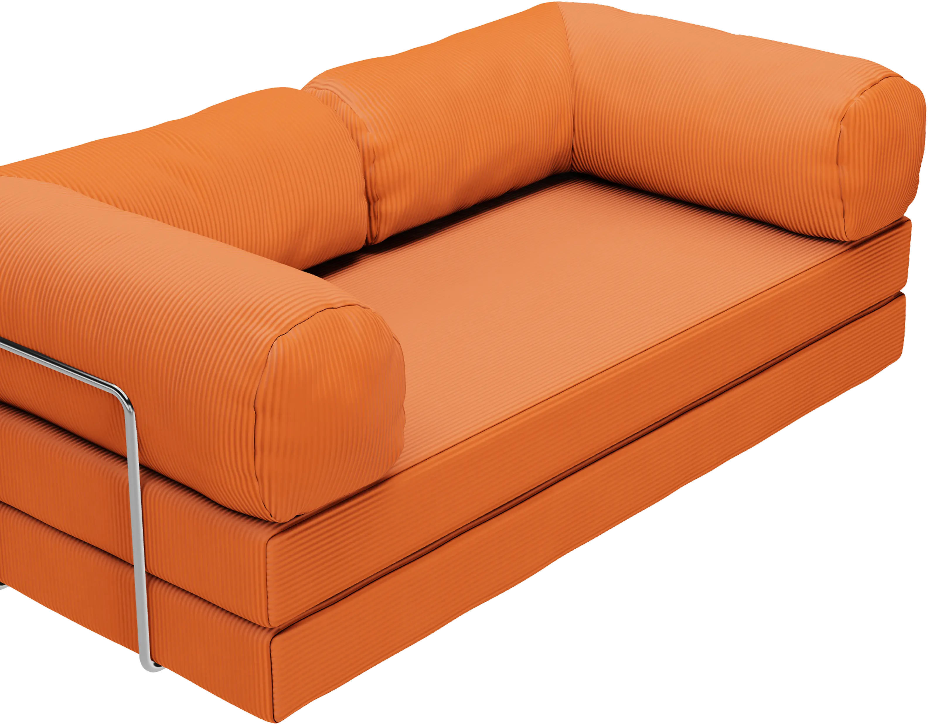 A TEDDY sofa in orange corduroy seen from the front, its seat open