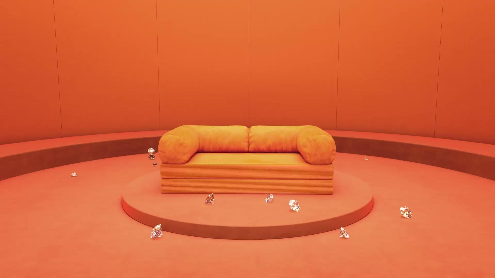 A TEDDY sofa in orange corduroy on a circular podium in a bright orange room, with diamonds scattered across the floor